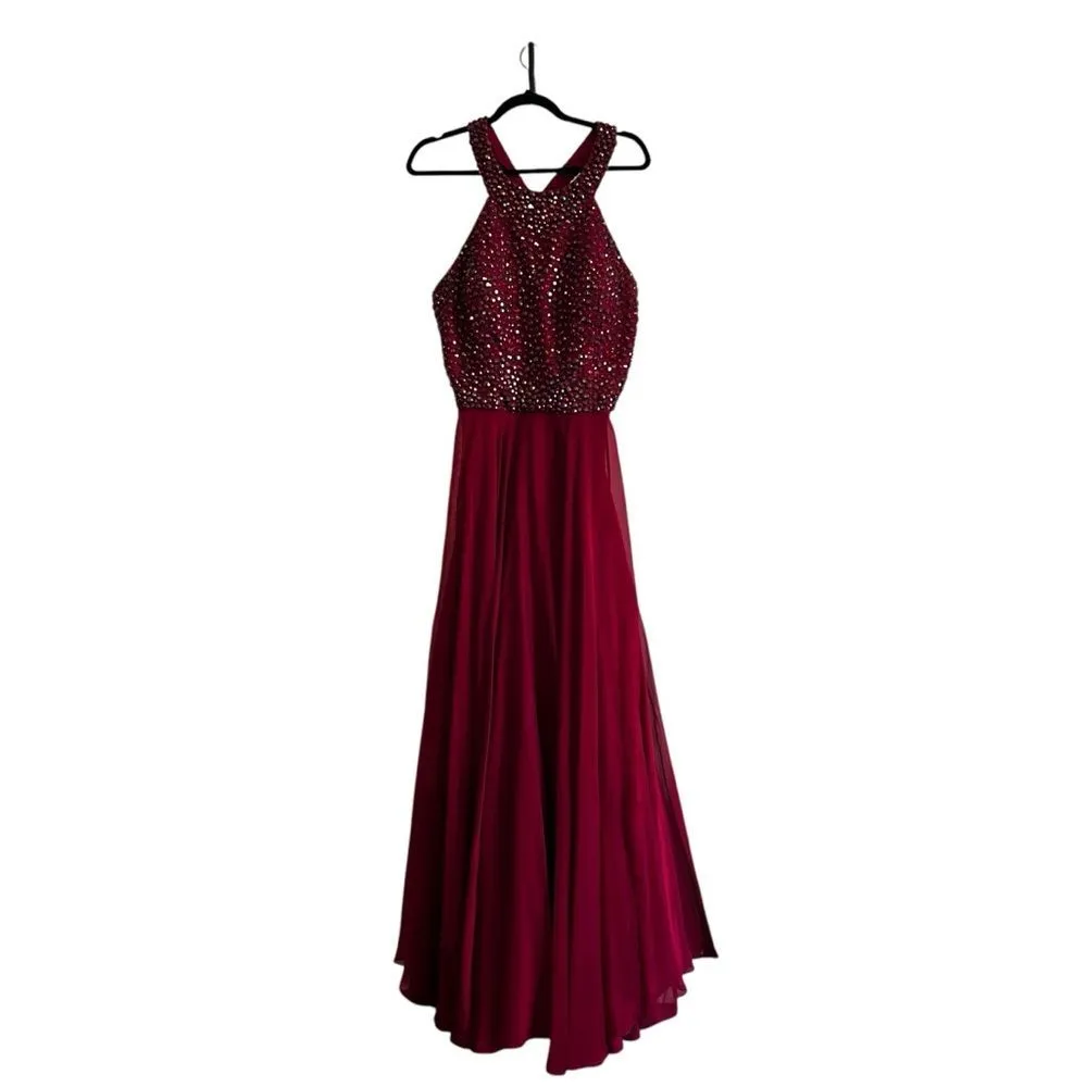 Sherri Hill Beaded Halter Back Fit & Flare Burgundy Ball Gown – Size 18 - Image 3