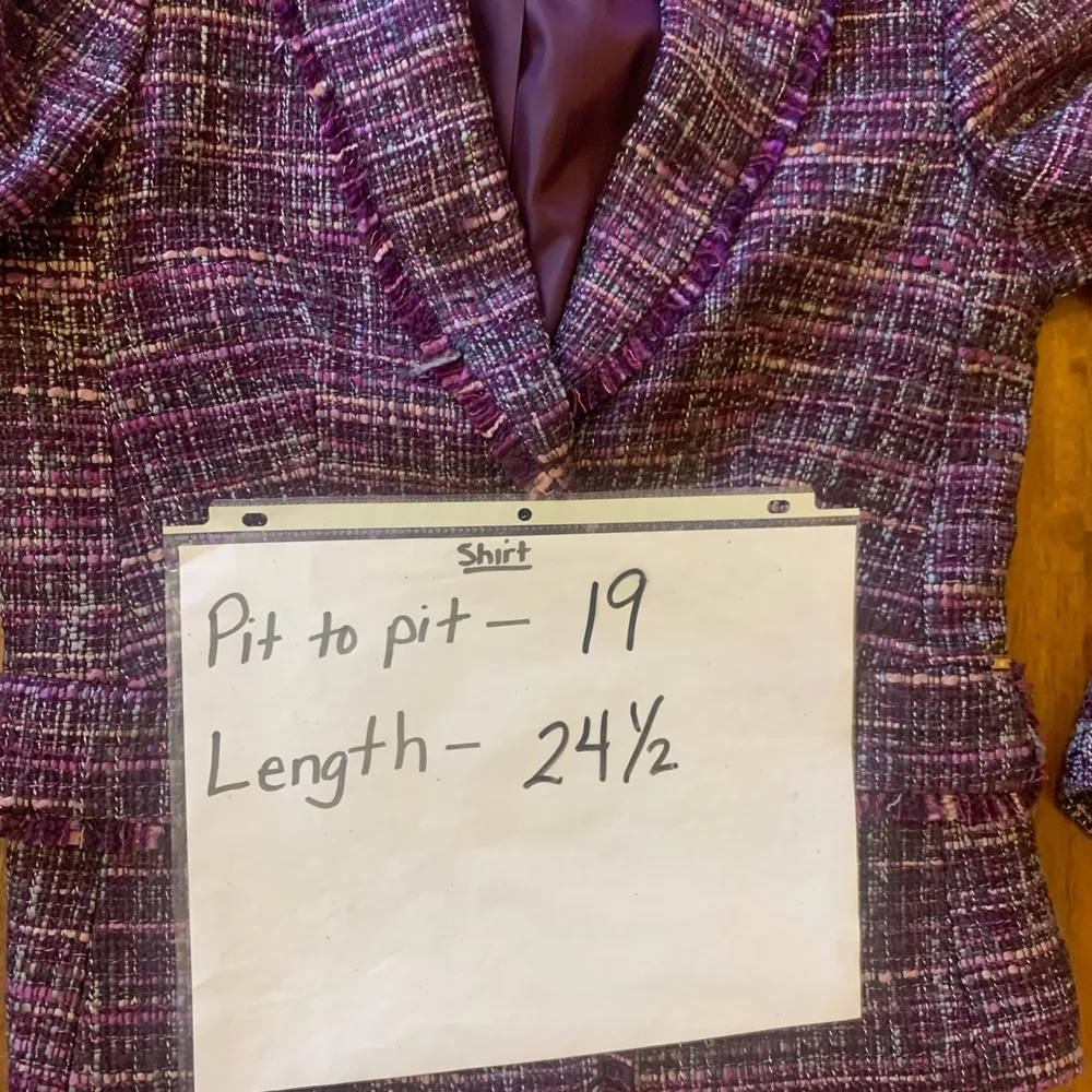 Donna Karan 8 Purple Tweed Textured Blazer Fringe Trim Pockets two Buttons - Image 9