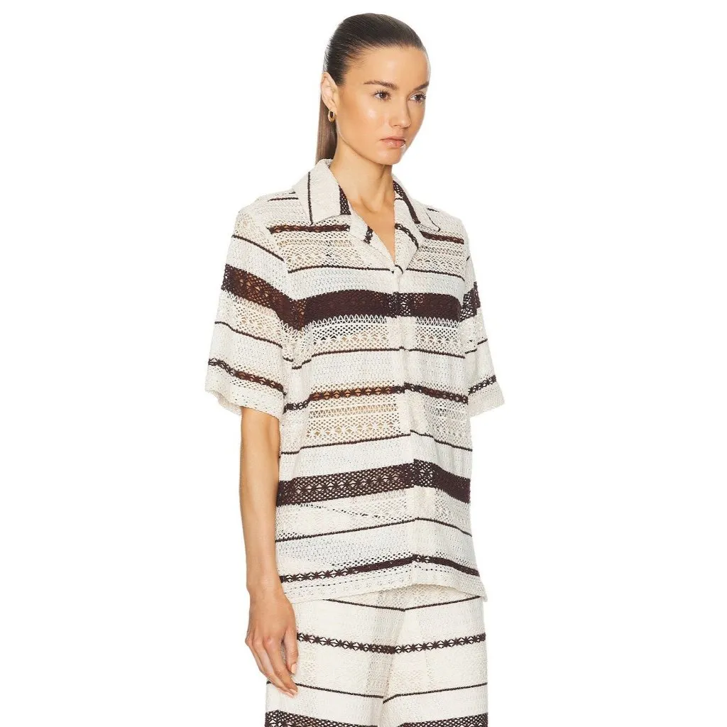WAO Crochet Stripe Camp Shirt in Natural & Brown Medium New Womens Top - Image 3