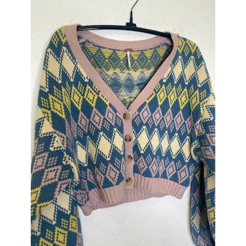 Free People Argyle Cardigan Sweater Mini Skirt Set EUC Sz XS Cotton Pink Blue - Image 3