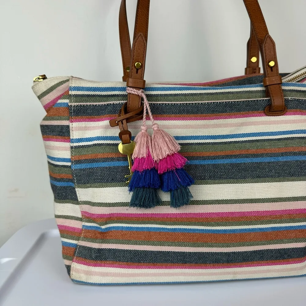 Fossil Rachel Tote Stripe Canvas Bag Boho Beach Tassels - Image 6