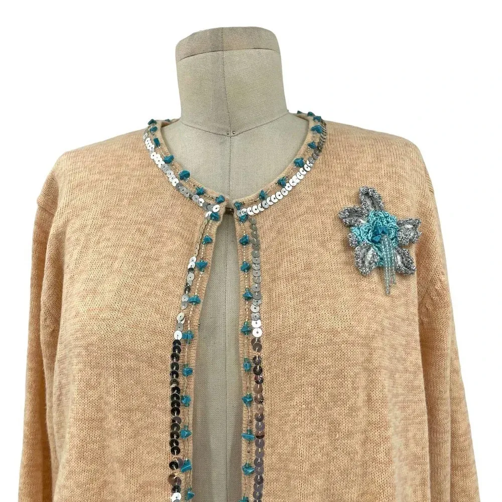 Storybook Knits Peach Sequin Beaded Cardigan Sweater Size Large Orange - Image 2