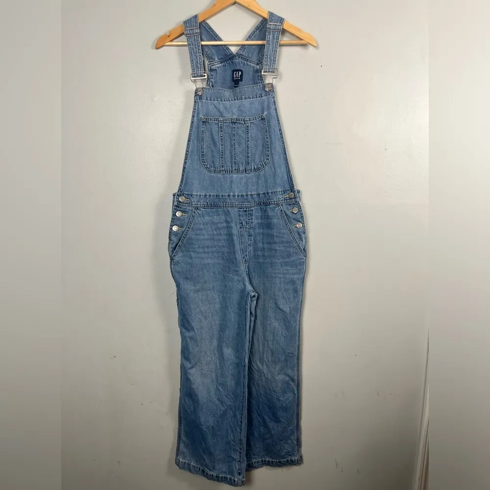 Gap Denim overalls wide leg light indigo cargo style size small - Image 4