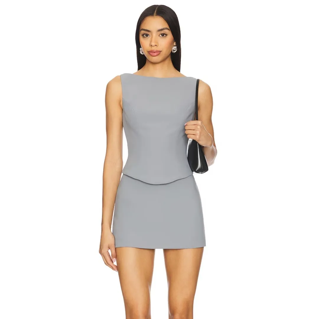 Amanda‎ Uprichard | Revolve Ines Corset Style Crop High Neck Top Fog Gray - Image 3