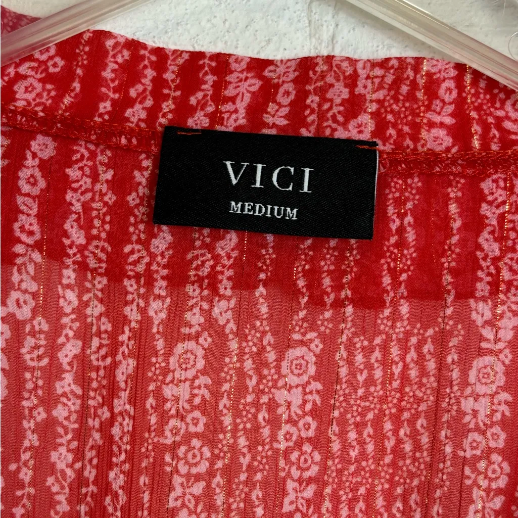 Vici Woman’s Red & White Sheer Vneck Floral Bohemian Twee Mini Dress Size Medium - Image 3
