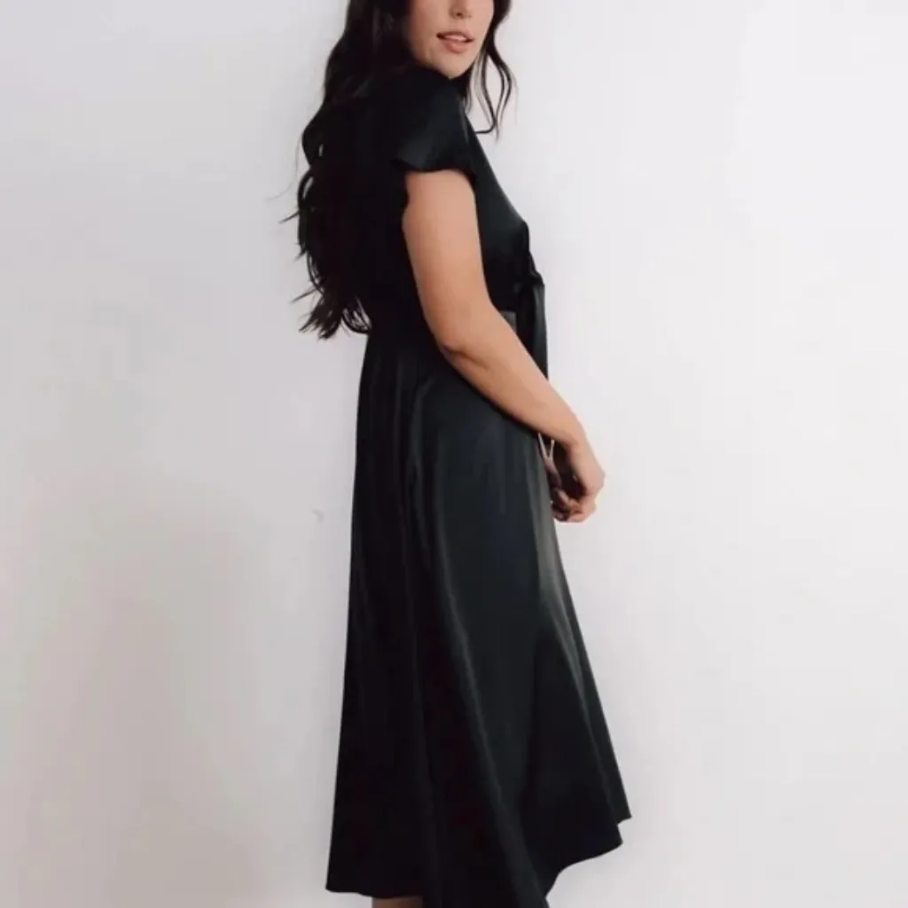 Baltic Born Poppy Satin Black Midi Dress, Peek-a-Boo Tie Front Black Medium - Image 12