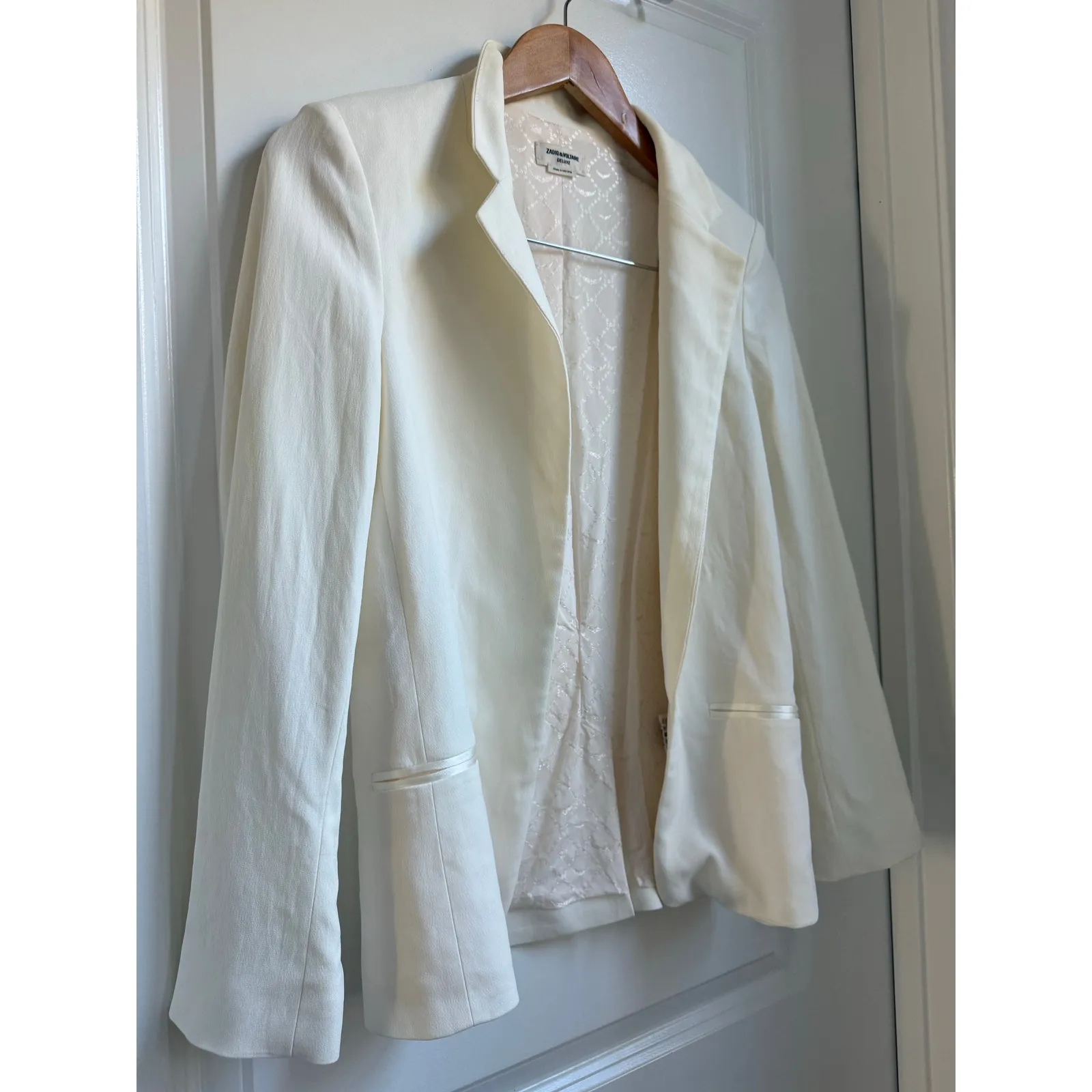 ZADIG & VOLTAIRE Cream‎ VOLLY Crepe Notch Collar Jacket EU 34 US XS Open Front - Image 7