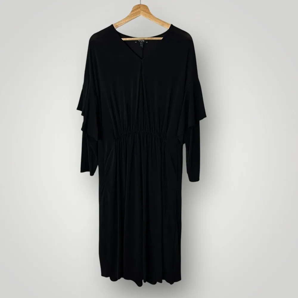 COS Black V-Neck Draped Midi Dress XS/S Long Sleeve Elastic Waist - Image 5