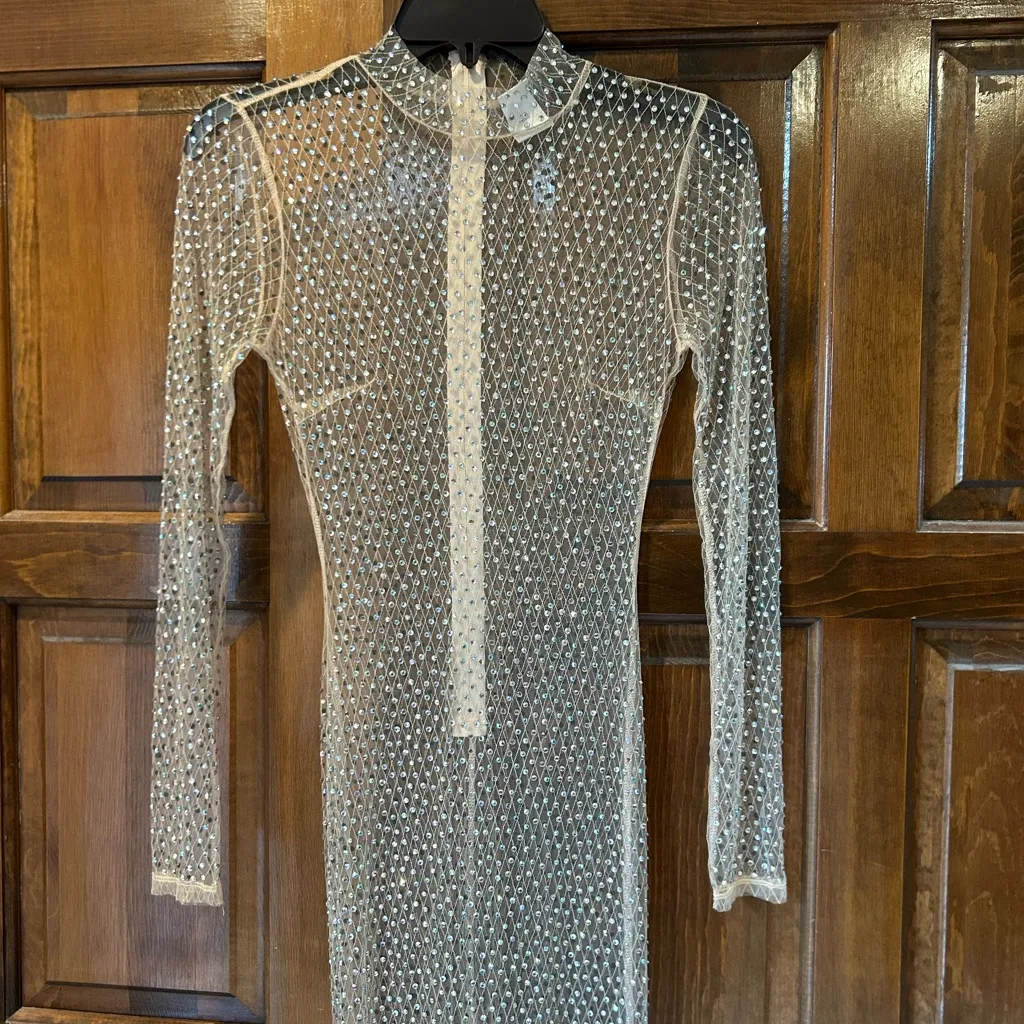 HOT MIAMI STYLES HMS Sheer Embellished Maxi Dress Cover Up In Nude Size Small - Image 2