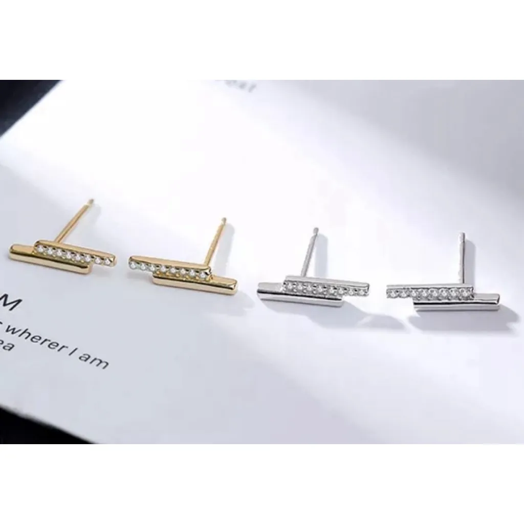 NEW Womens Gold Plated Sterling Silver‎ Bar Simulated Diamond Stud Earring, 12mm - Image 5