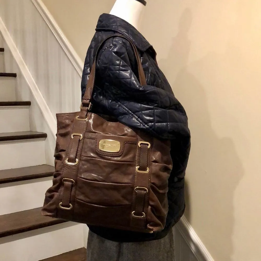 MICHAEL KORS Brown Leather Shoulder Bag Tote W Woven Leather & Gold Accents - Image 2