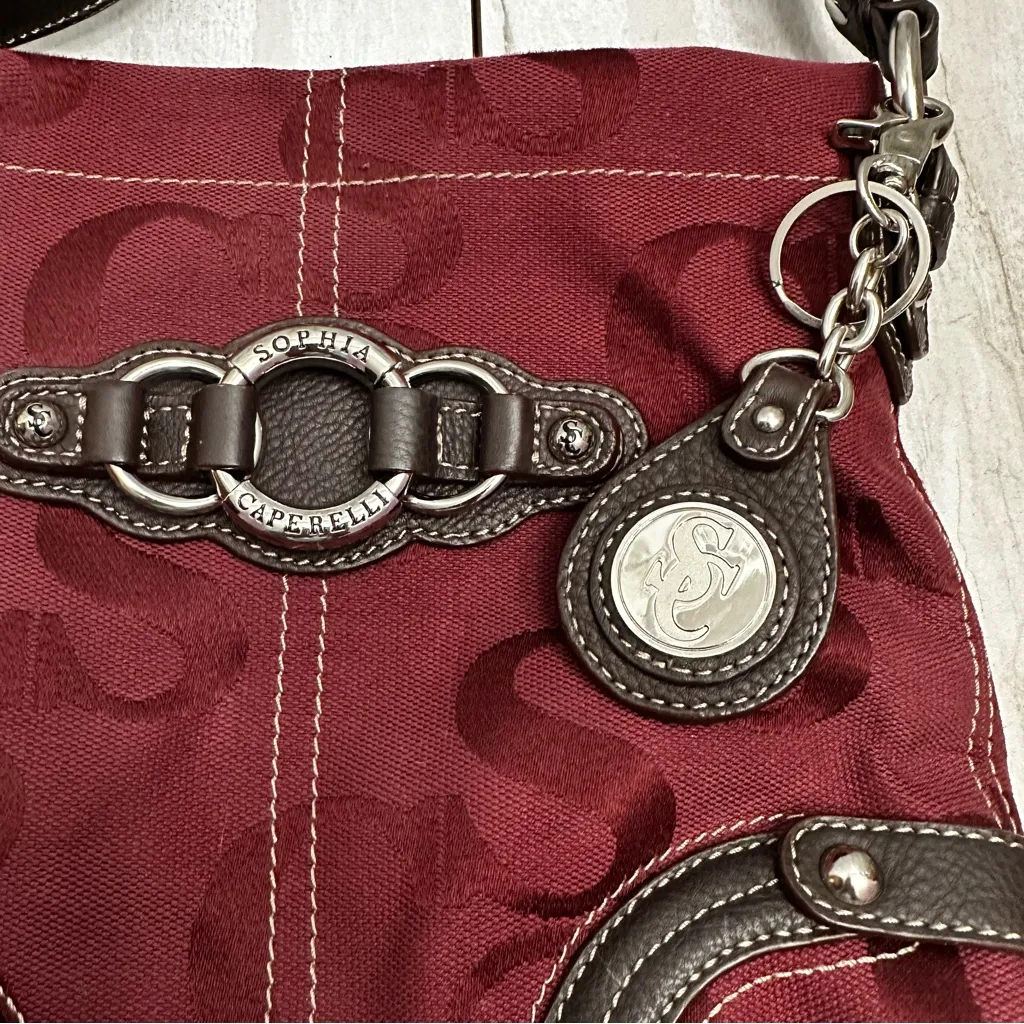 Elegant Sarah Caperelli Burgundy Crossbody Bag Dark Brown Trim Silver Hardware Red - Image 4