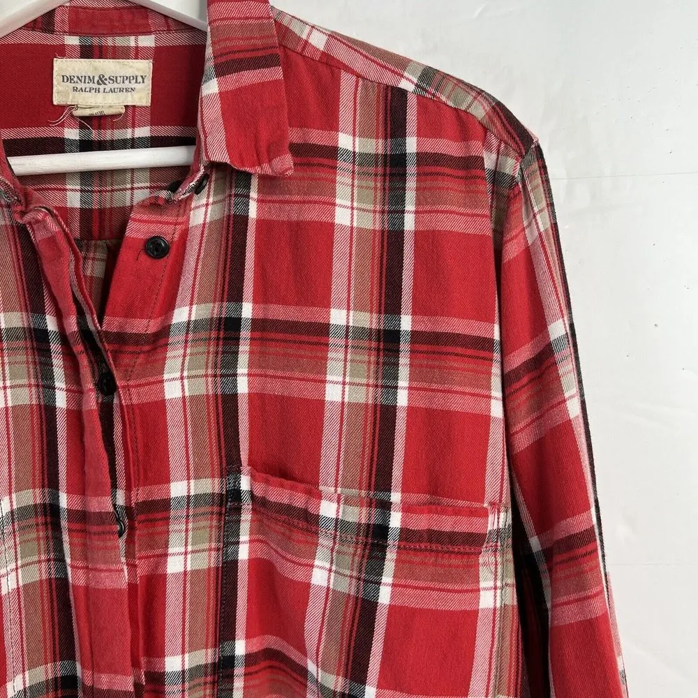 Denim & Supply Sz M Ralph Lauren Button Front Red Plaid Shirt Oversized Cotton - Image 3