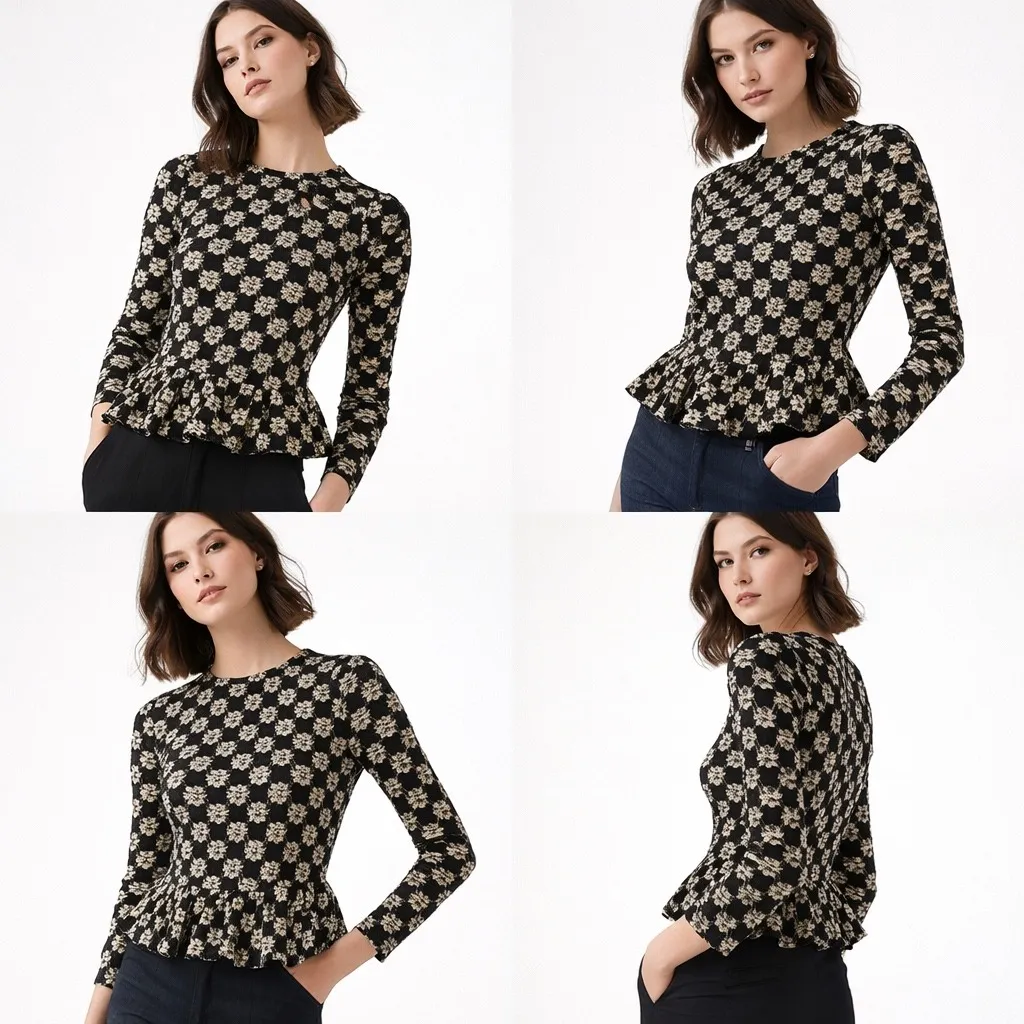 Rebecca Taylor Women Lace Flower Textured Top S Black Floral Peplum Cottagecore - Image 2