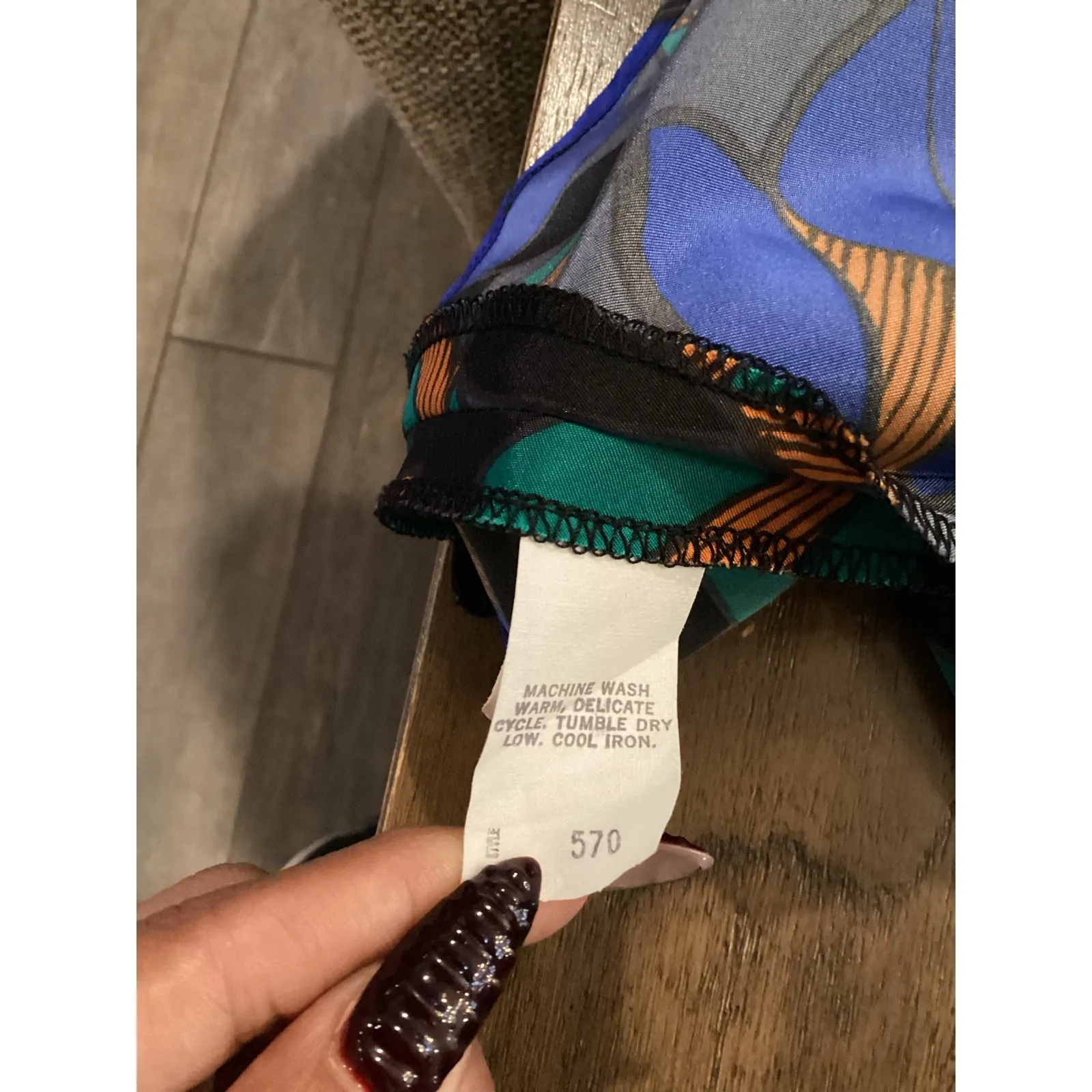 Vintage Howard Wolf pleated long sleeve retro blue black green leaf midi Dress Size 14 - Image 11