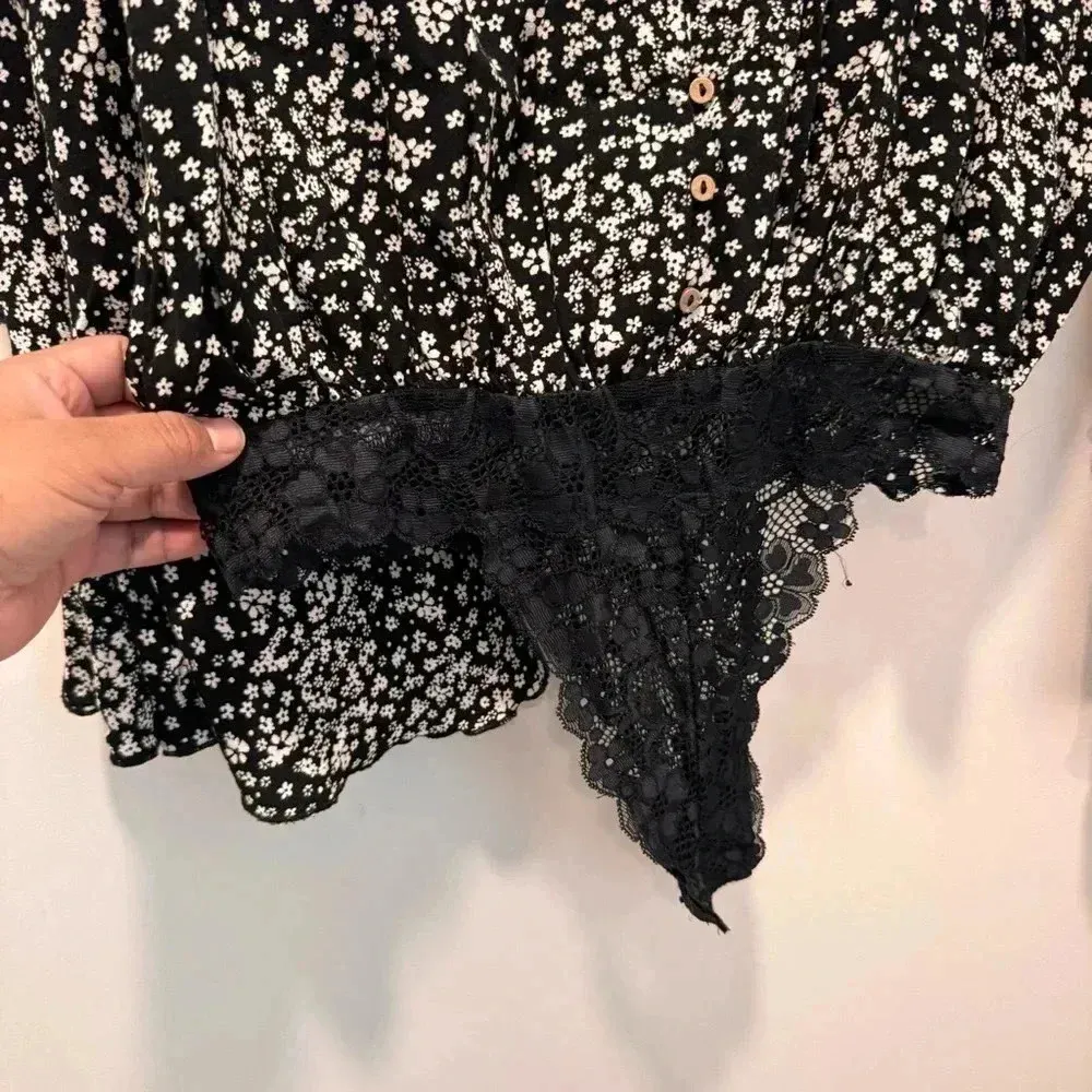 Free‎ People Ditsy Floral Black Lace Bodysuit Dramatic Ruffle Long Sleeve… - Image 7