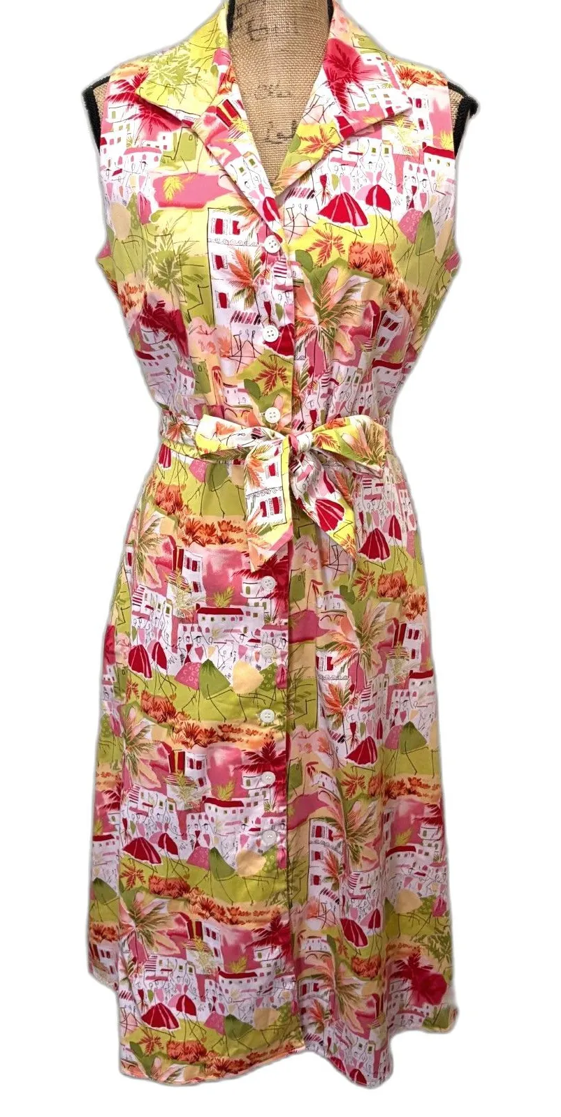 Danny & Nicole City Print Belted Shirt Dress Sleeveless Midi Cotton Size 10 - Image 1