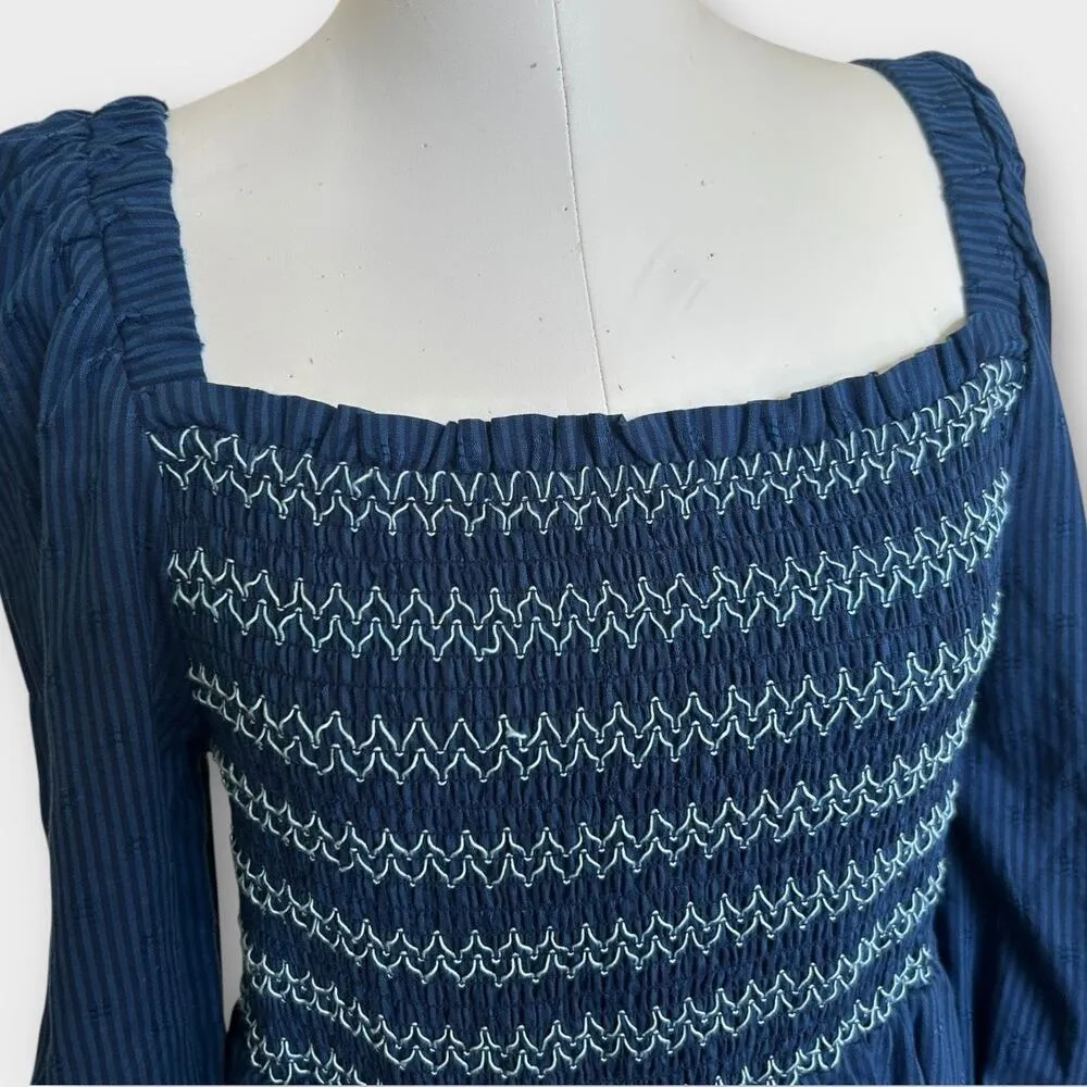Draper James RSVP Women's Blue Square Neck Smocked Dress Boho Cottagecore XL - Image 4