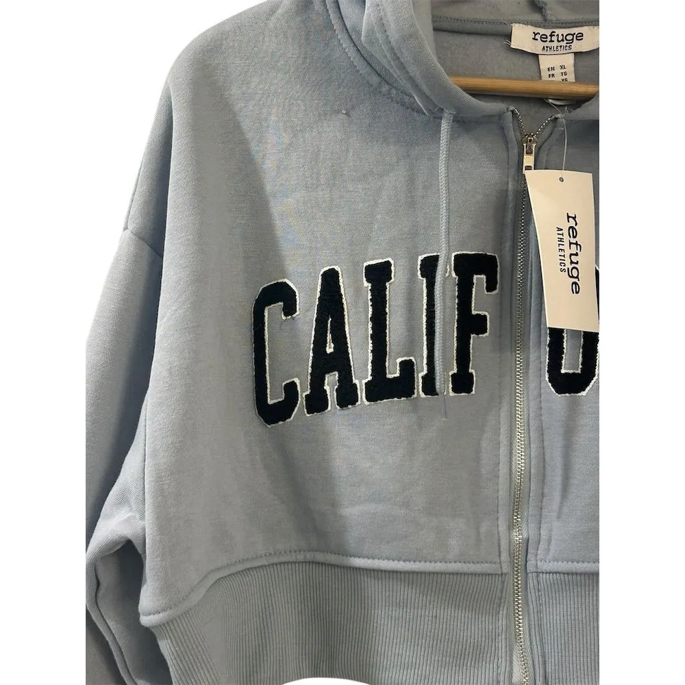 Refuge Cropped Hoodie Jacket Womens Med Full Zip Blue CALIFORNIA Embroidered NWT - Image 4