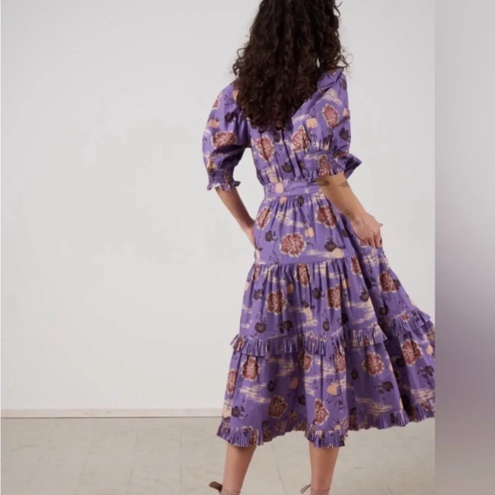 NWOT Ulla Johnson Dasha Popelin Ruffle Tier Purple Zinnia Floral Midi Dress - Image 2