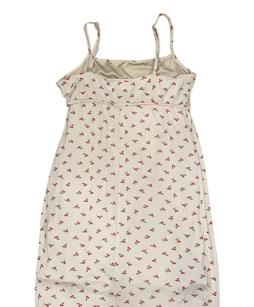 beige ribbed cherry print mini dress - Image 7