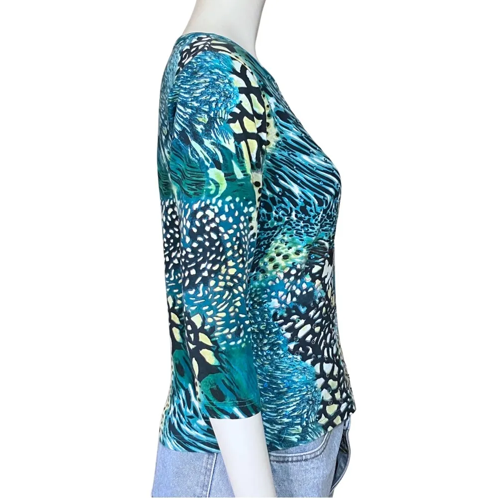 Vintage Y2K Blue Sequin Beaded Animal Print 100% Cotton Top. Small. Leopard Teal - Image 5