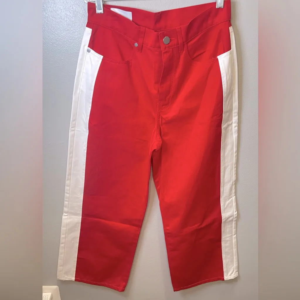 BLDWN Wide Leg Pants Cotton Cropped High Waist Red White‎ Colorblack Size 25 - Image 3