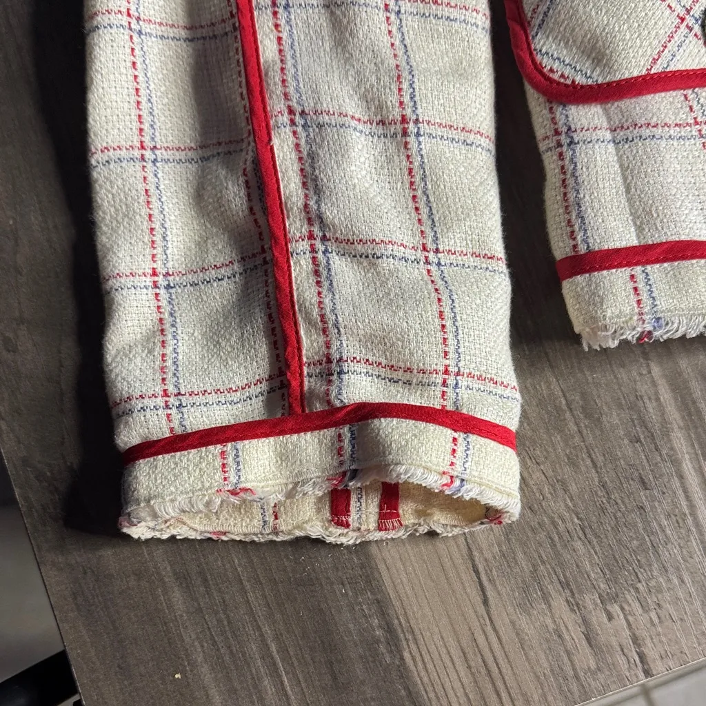 Dolce & Gabanna Women's Cream and Red Plaid 100% Linen Blazer - Image 5