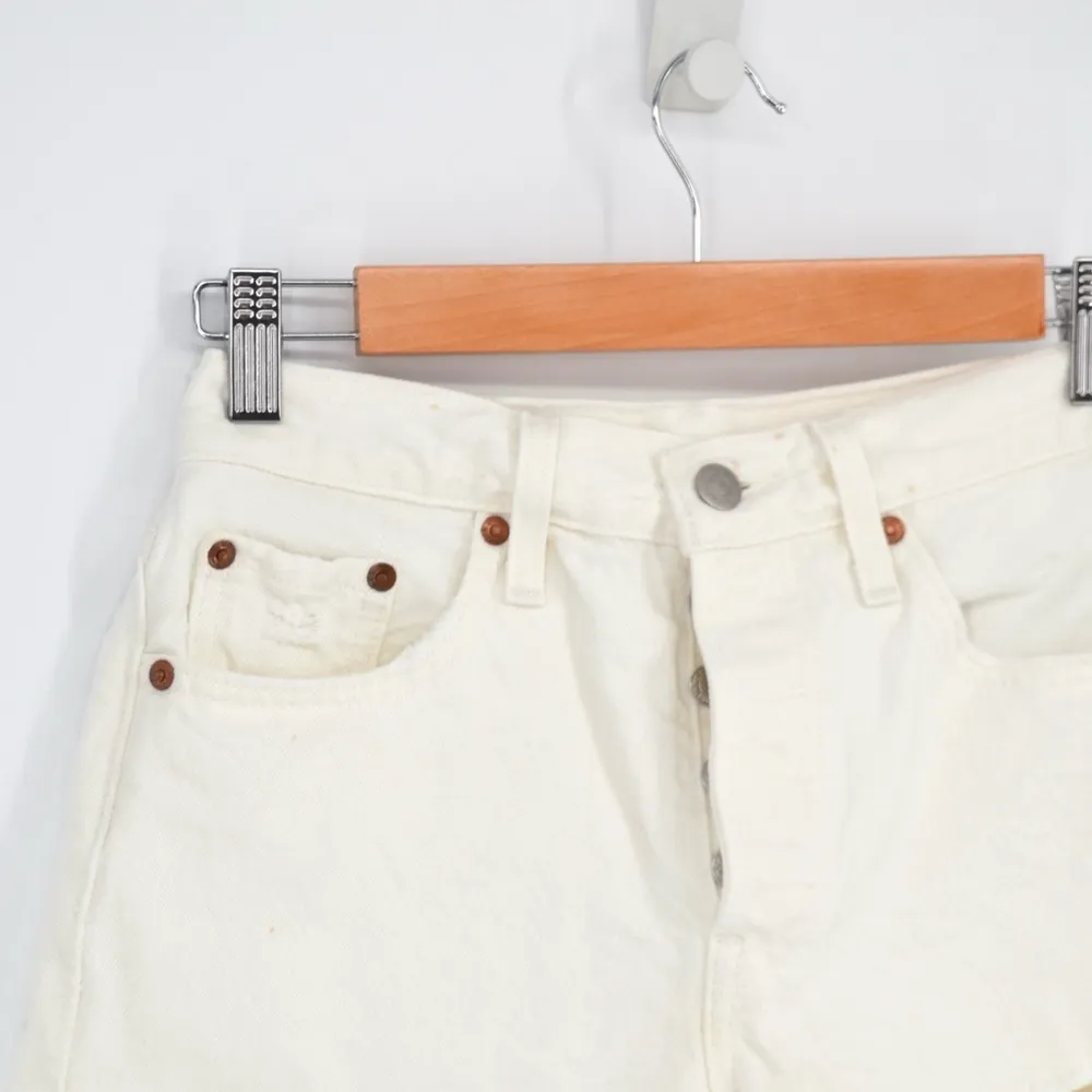 Levi's 501 High Rise Mid Thigh Shorts Button Fly in White Women's 25 Distressed - Image 4