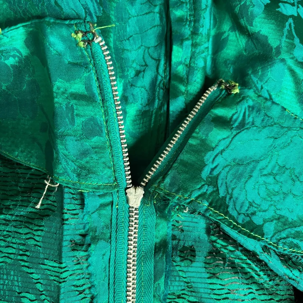 Vintage 50s Floral Brocade Dress Jacket Set Size Small Green Short Sleeve Zipper - Image 13