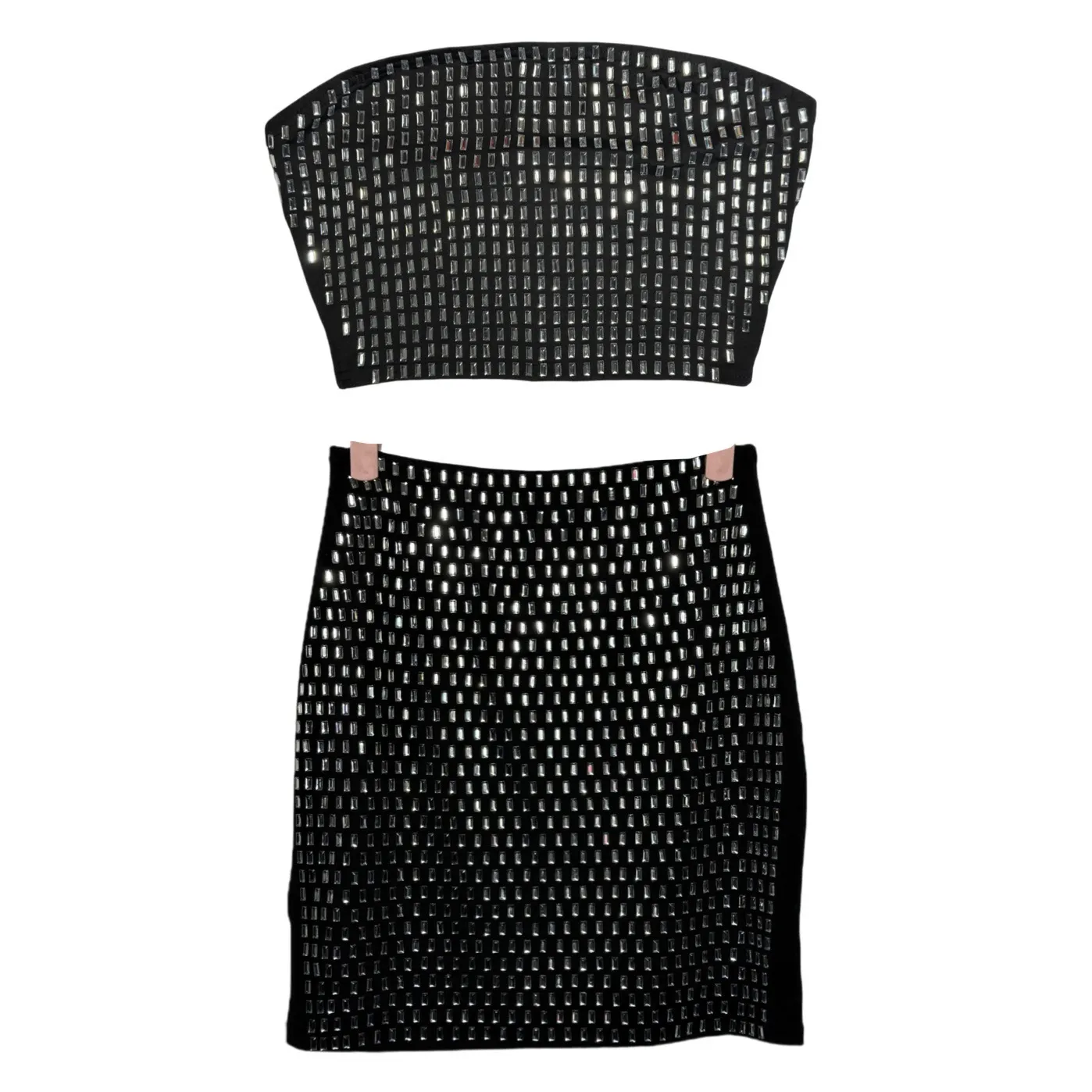 NWOT Sequin Rhinestone Tube Top and Mini Skirt Two Piece Set Black Silver Med - Image 6