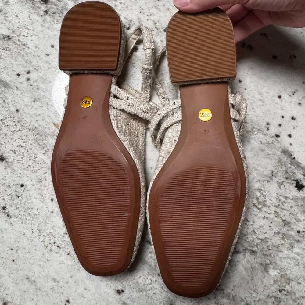 ZARA  Round Toe Double Strap Slingback Flat 37 Multicolor Tweed - Image 7