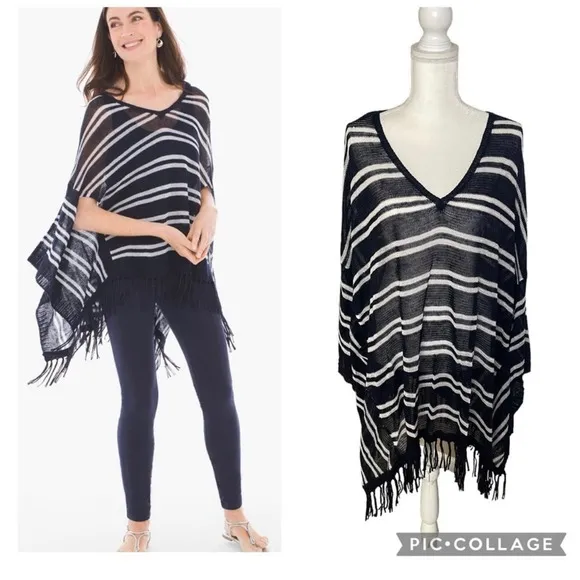 Zenergy Chico’s Rebekah Fringe Navy Striped Poncho Size Large XL - NWT - Image 2