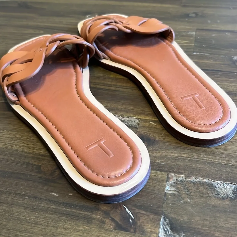 Lafayette 148 New York Ines Knot Sandals Leather Camel Copper Flats Slides Rare - Image 3