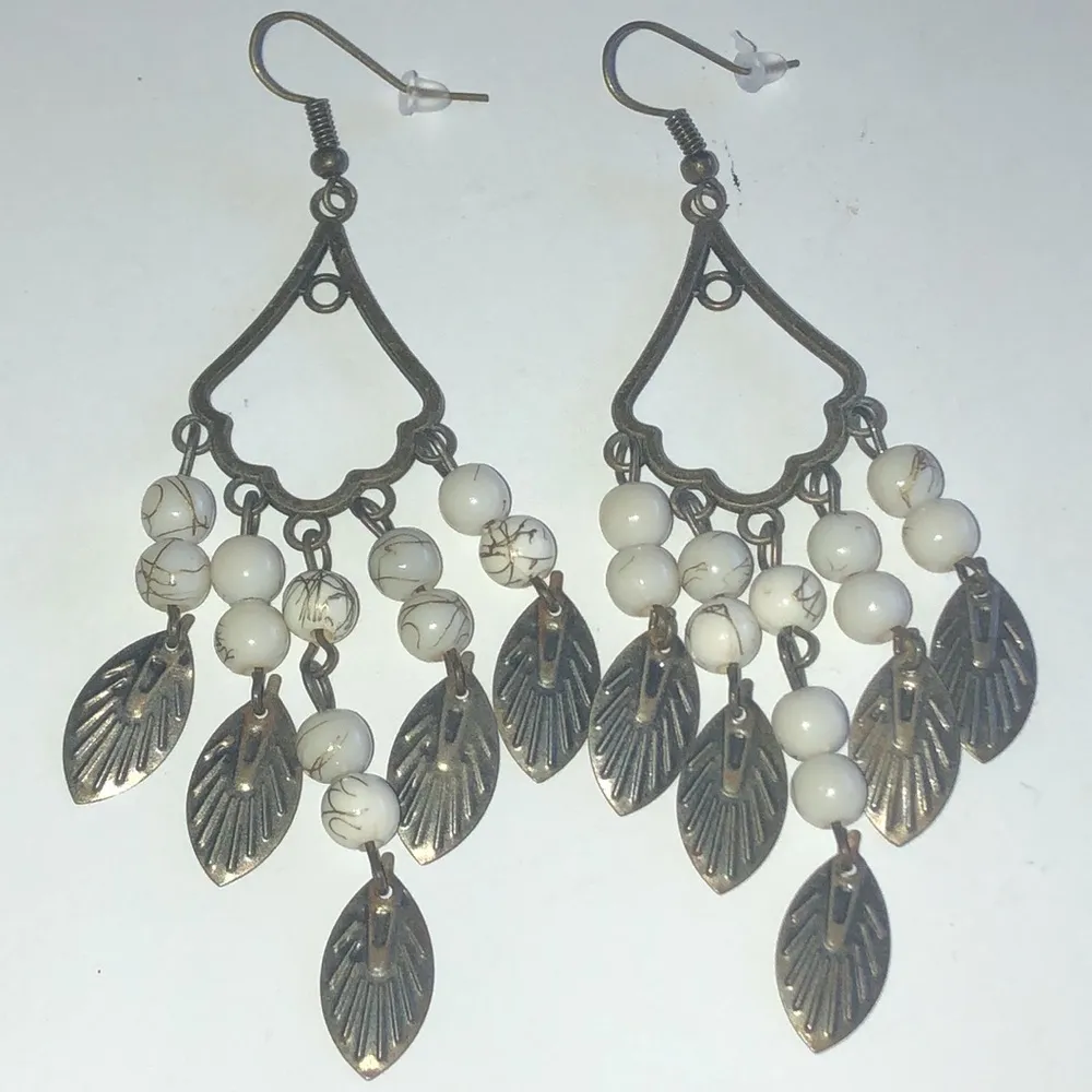 Huge Brass Tone & White Stone Beaded Boho Statement Pierced Earrings - Image 3
