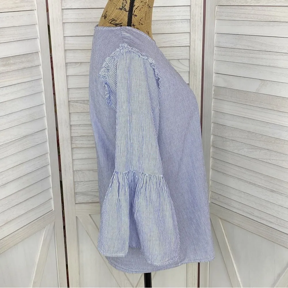 Passport Striped Embroidered Bell Sleeve Popover Shirt Medium Blue - Image 3