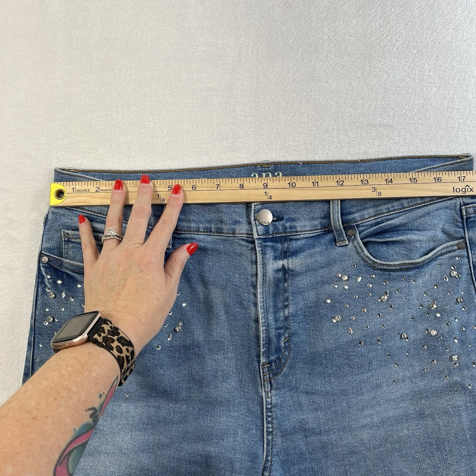 a.n.a. A New Approach Sz 14 High Rise Straight Jeans Bling Rhinestone Embellish Blue - Image 10