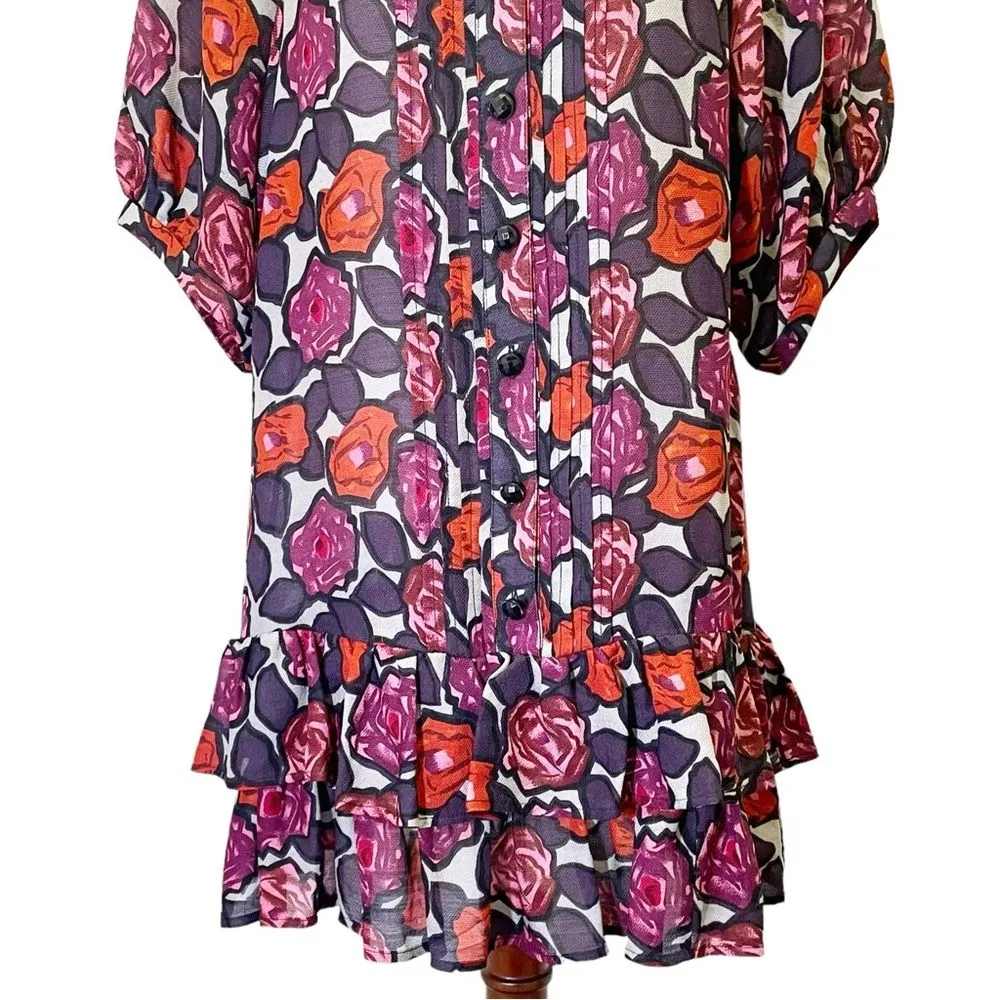 Tracy Reese Drop Waist Mini Dress Size Medium Rose Floral Silk Wool Blend Tunic - Image 11