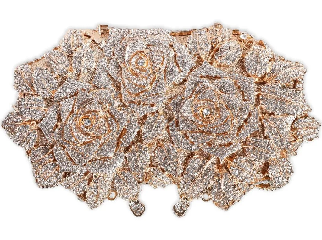 ⚡ Women's Rhinestone Sparkly Handmade Glitter Diamond Flower Gold Clutch Bag - Image 1