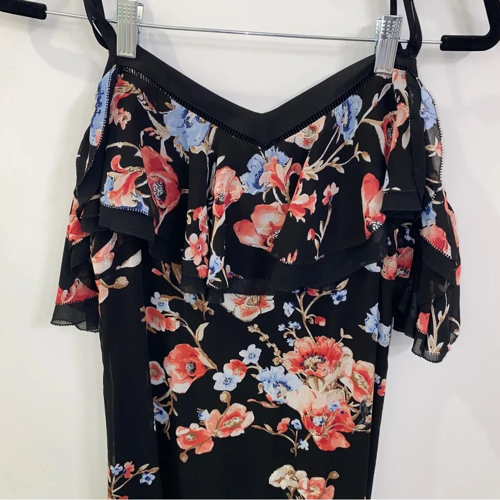 WHBM Black Red Blue Gold Floral Cold-Shoulder Metallic Embroidered Maxi Dress 6 - Image 5