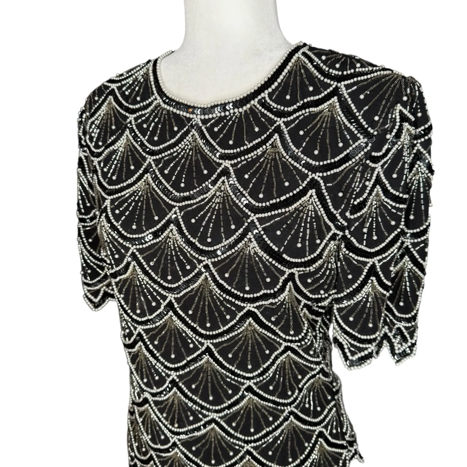 Vintage Lawrence Kazar M Beaded Sequin Evening Top Asymmetrical Art Deco Gatsby Black Size M - Image 2