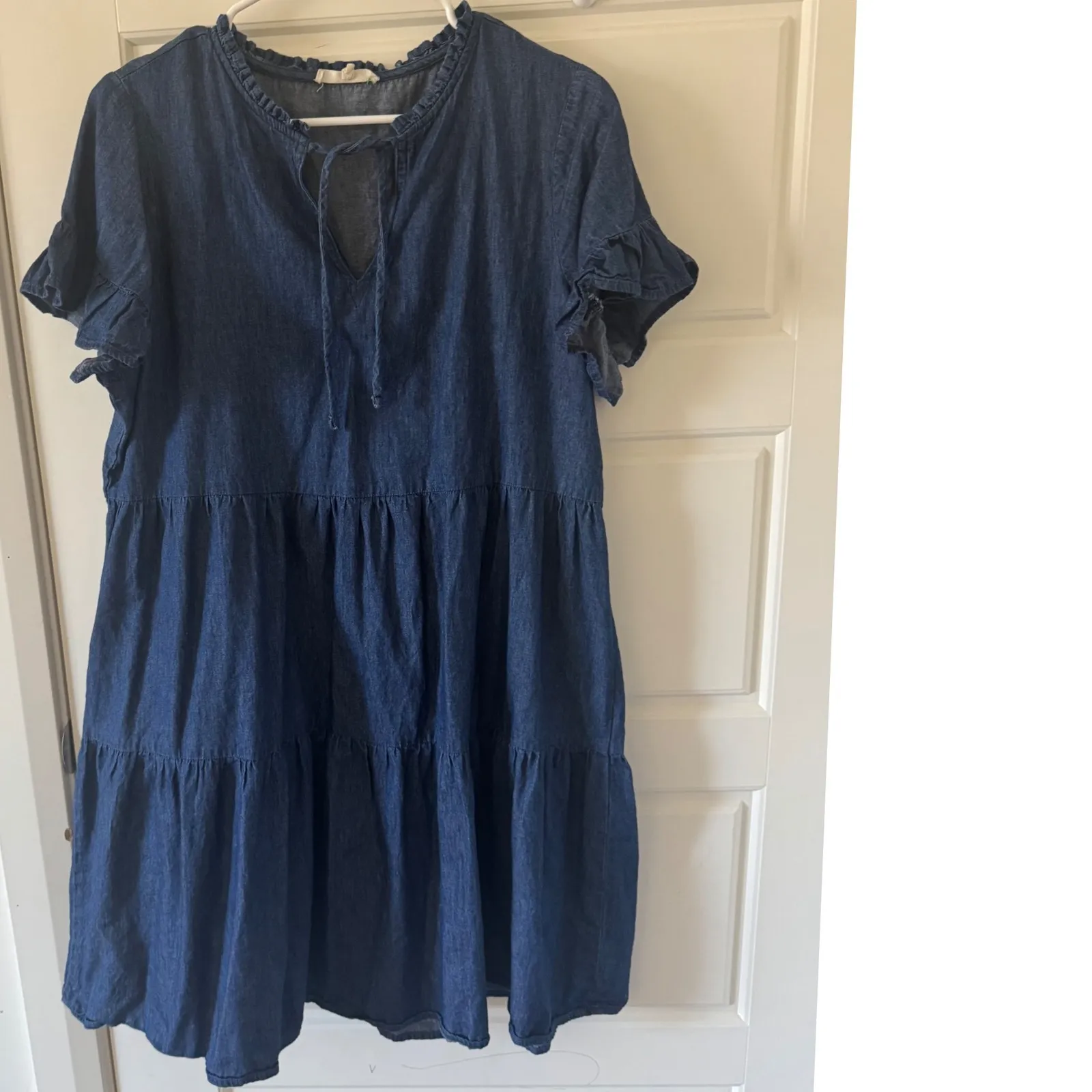 Joie De Virve sz L Womens Denim 100% Cotton Ruffled Tiered Dress Southwestern Blue Size L - Image 2