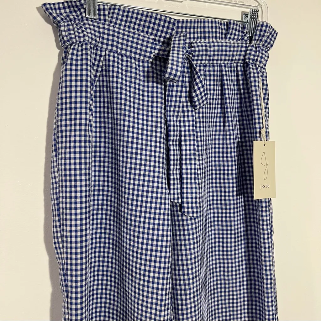 Joie Blue And White Gingham Paper-bag Wide Leg Pants‎ Belted Size Medium - Image 2