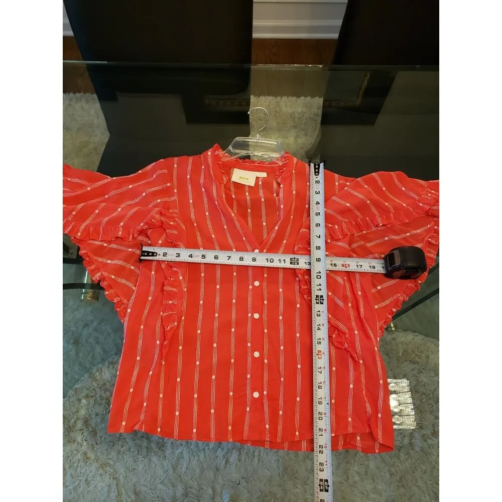Anthropologie Mauve Red Striped Ruffle Button Front Short Sleeve Top Blouse S - Image 10