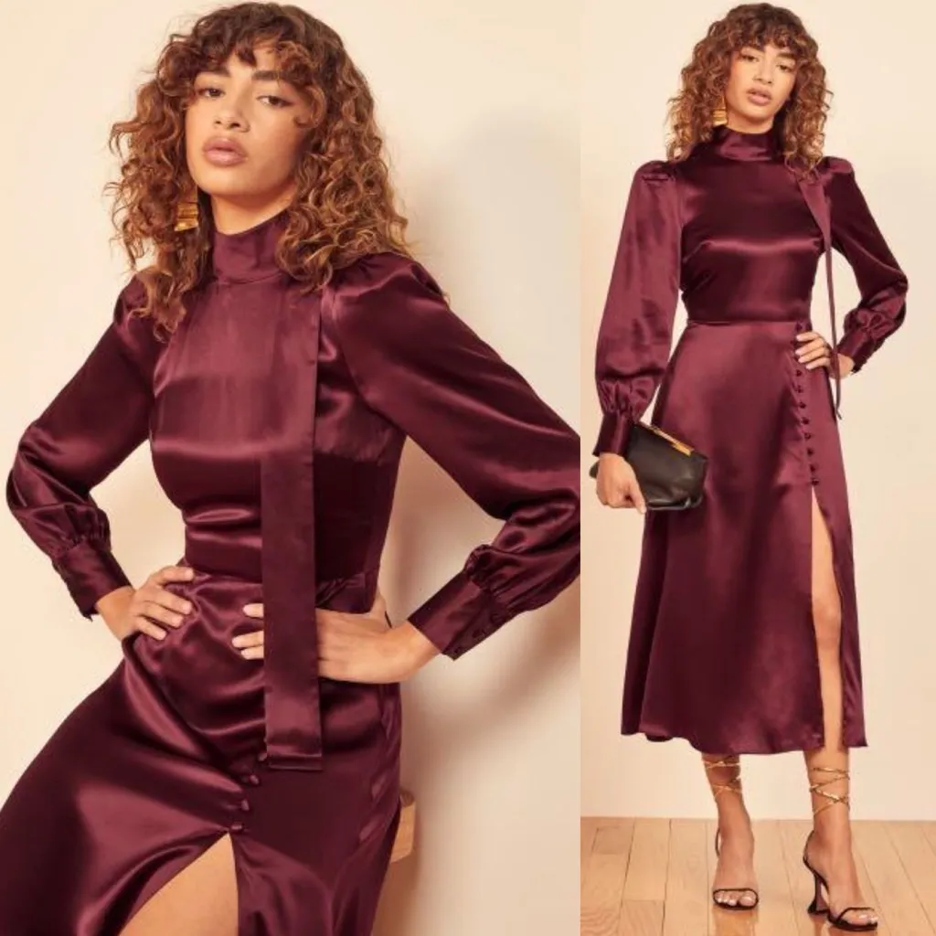 Reformation Maple Silk Midi Dress Plum Burgundy - Image 4