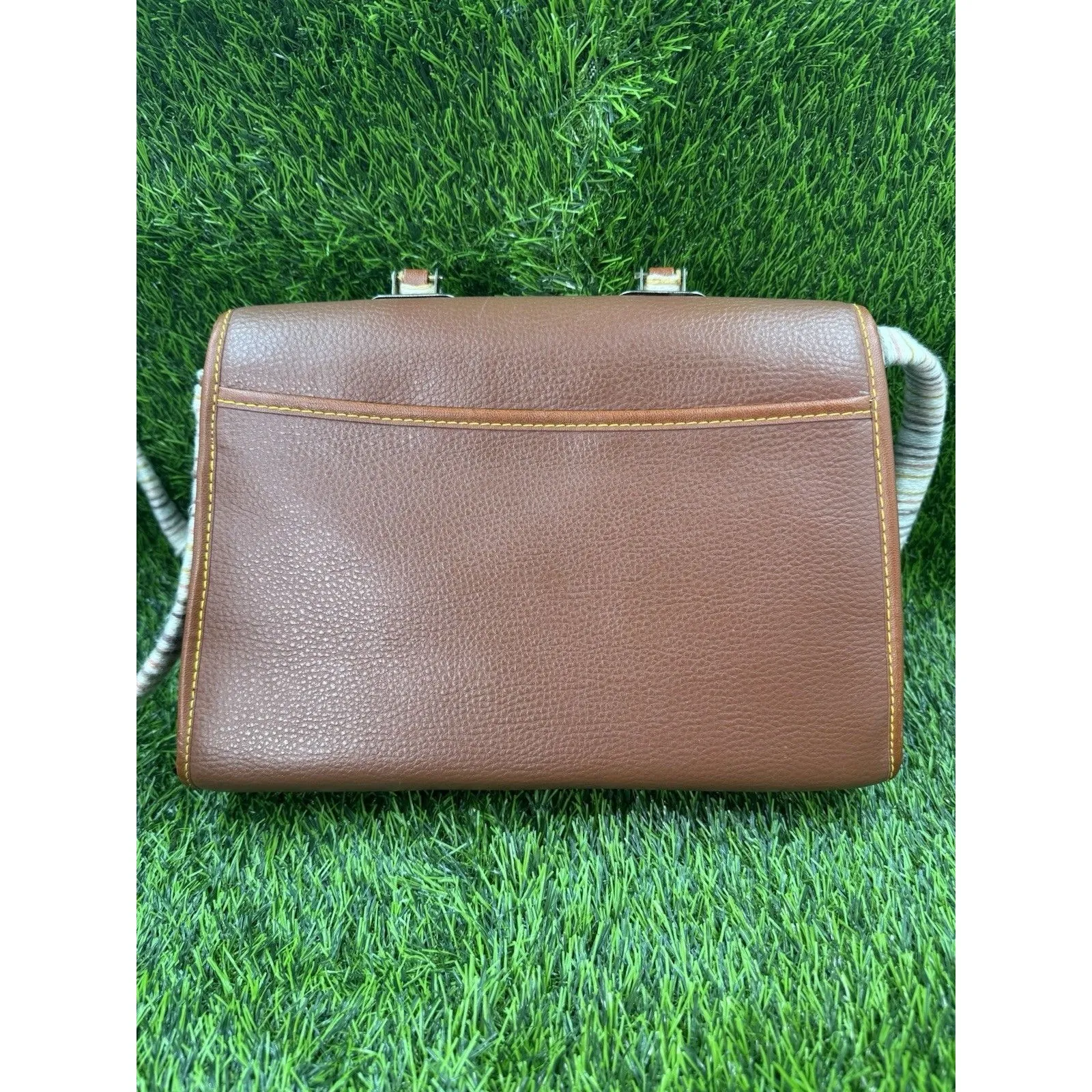 Dooney & Bourke All Weather Leather Bag Vintage Yellow Stitching,Braided Handle - Image 11