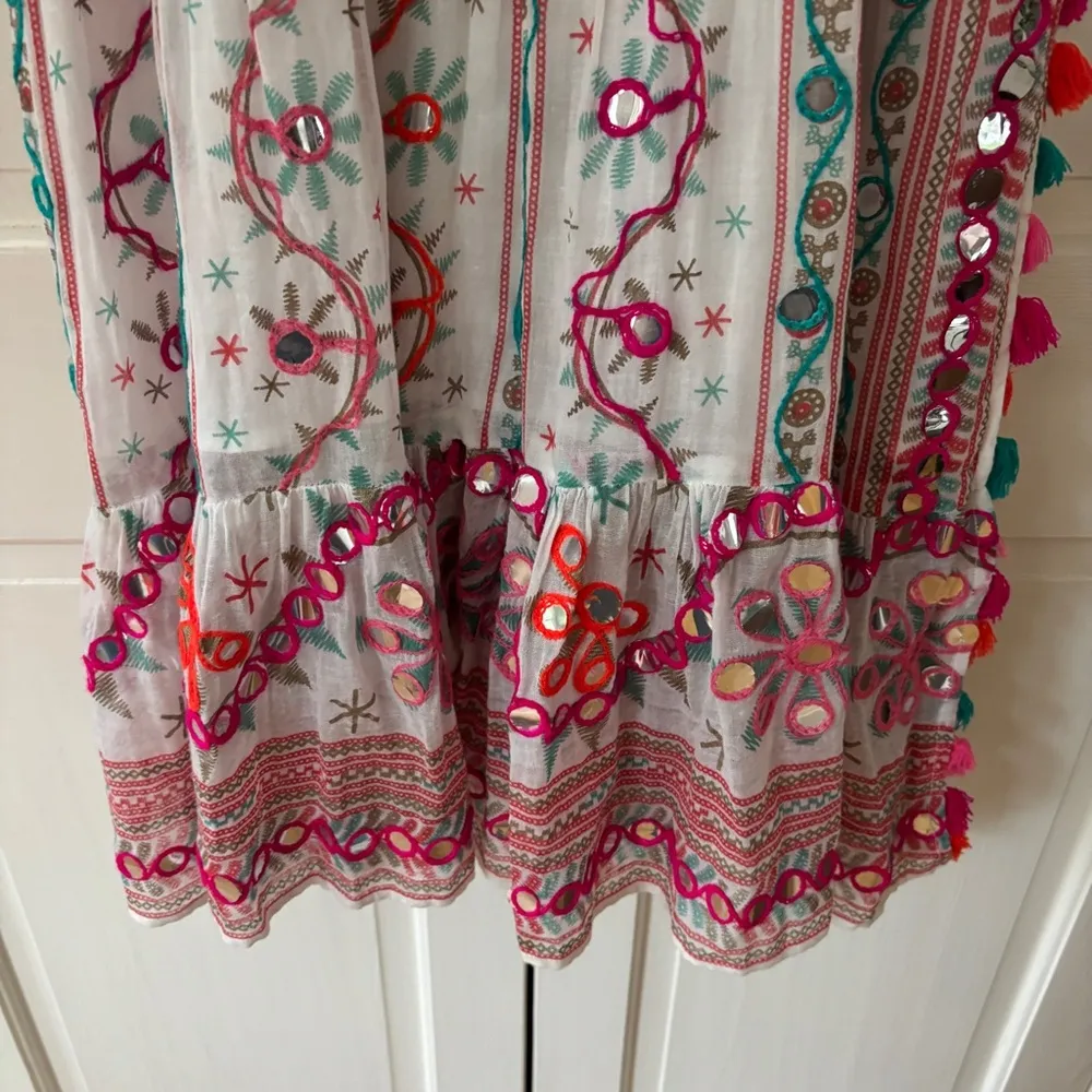 Juliet Dunn London Tribal Tassel Maxi Dress White Jade Embroidered Size 2 US 6/8 Pink Size M - Image 6