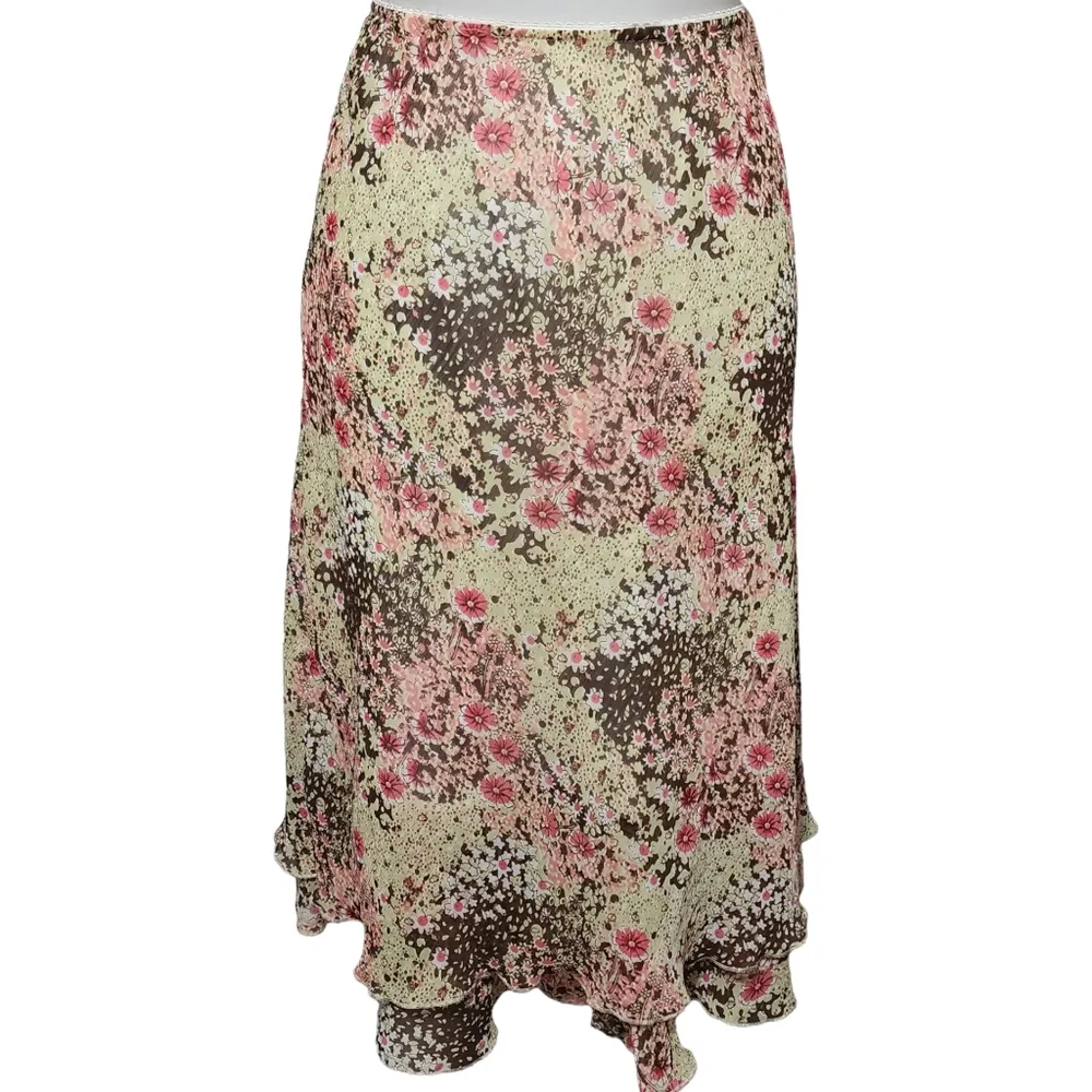 Kim Rogers yellow & brown ditsy floral layered midi skirt size lp - Image 5