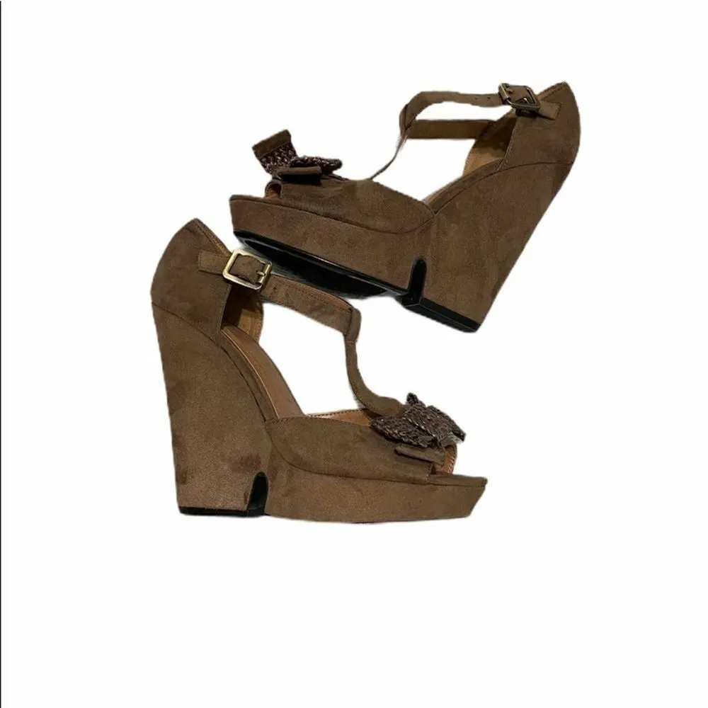 Crown‎ Vintage Mary Jane Peep Toe Bow Wedge Taupe 7 Tan - Image 7