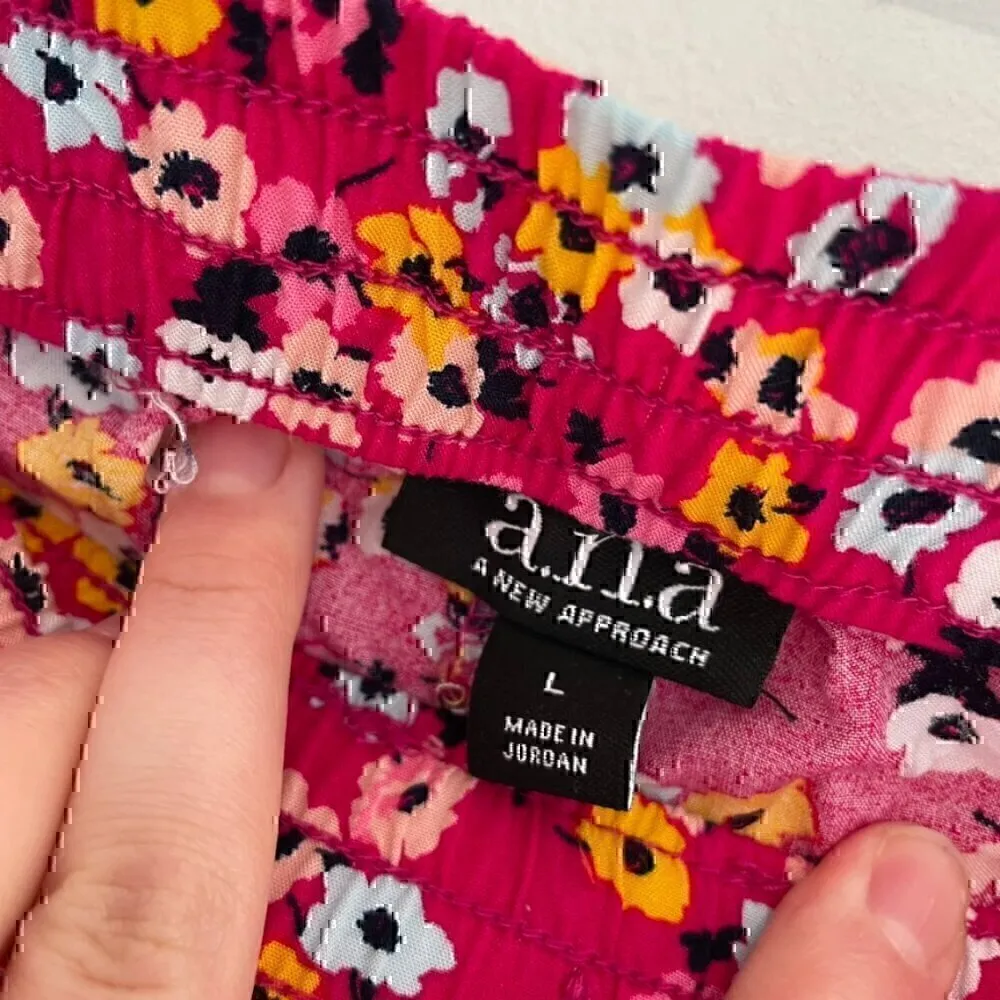 A.N.A Magenta Pink Blue Mustard Floral Pull On Drawstring Pom Pom Trim Shorts L - Image 4